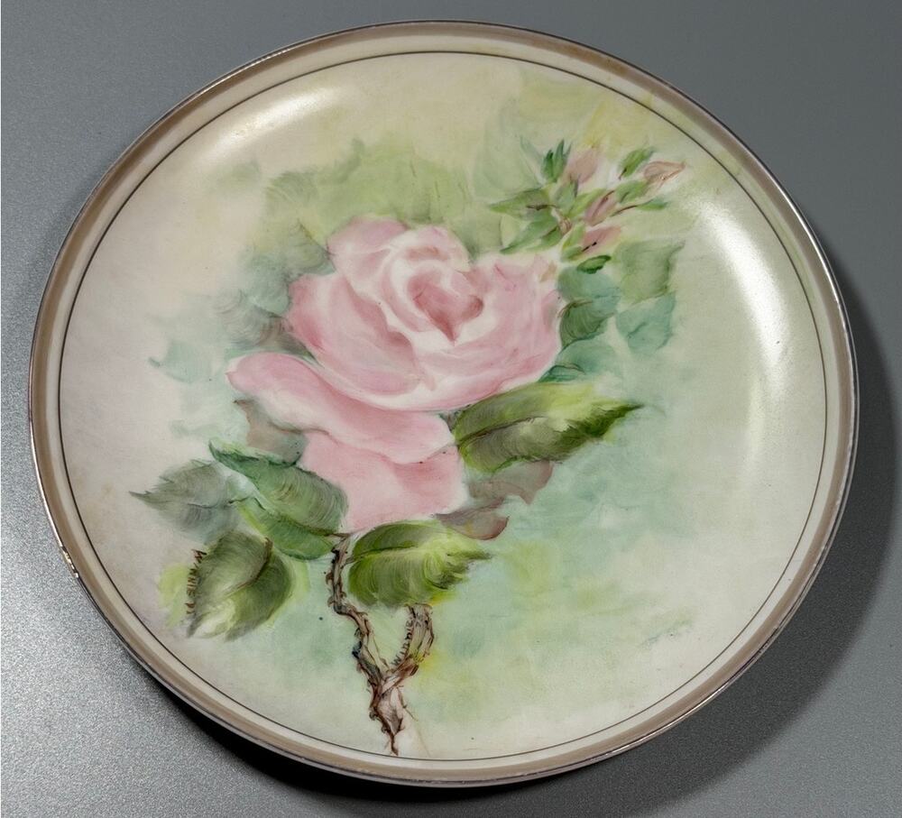 Vintage 1975 Royalton China Hand Painted Pink Rose Plate Signed Winnie, 7 5/8"